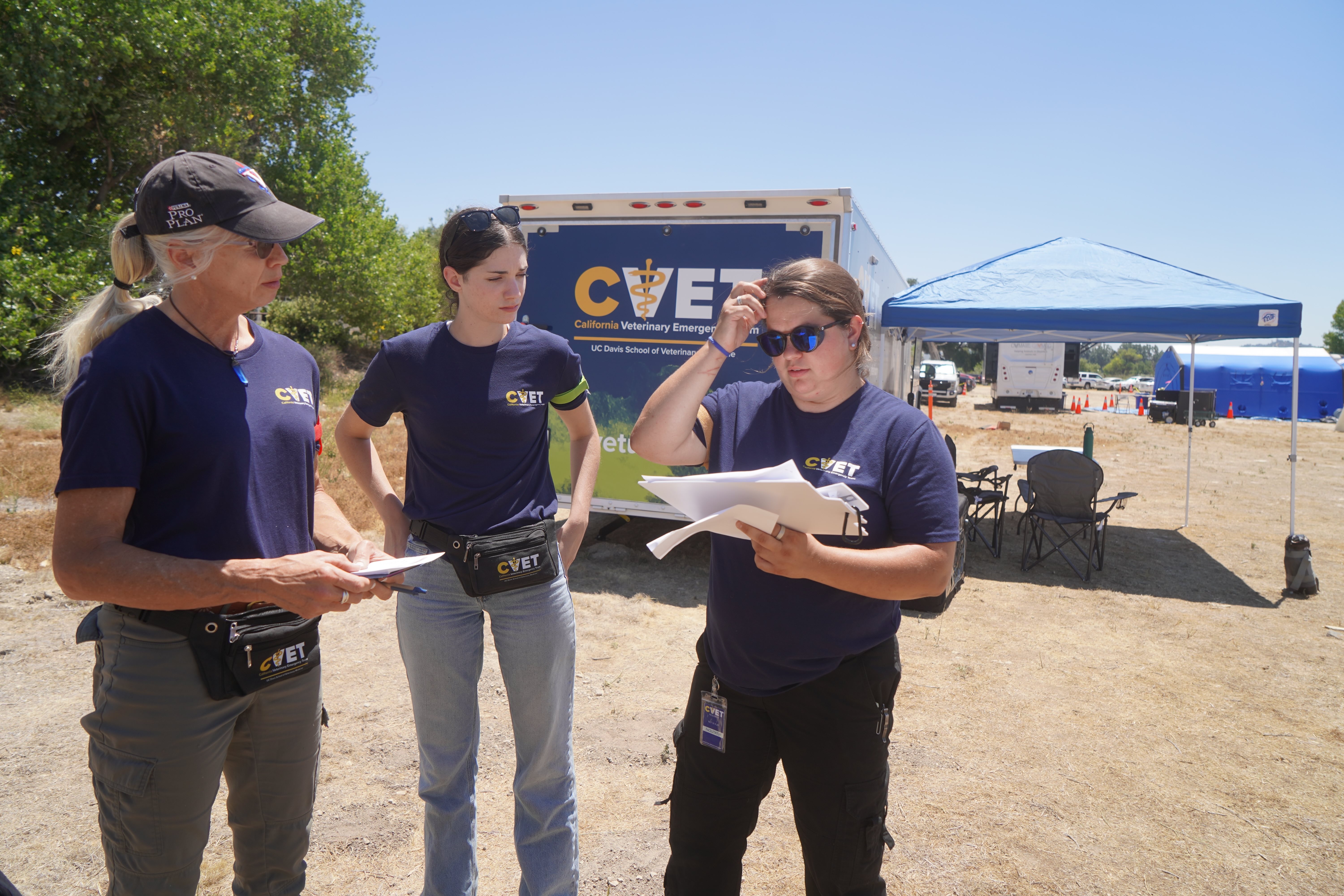 Four team members in navy shirts discussing over clipboards near a CVE banner under clear blue sky